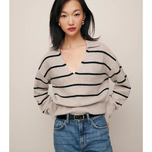 Reformation Beckie Cashmere Collared Sweater Barley Black Stripes Size Medium